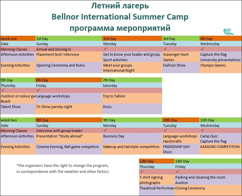 Программа летнего лагеря Bellnor